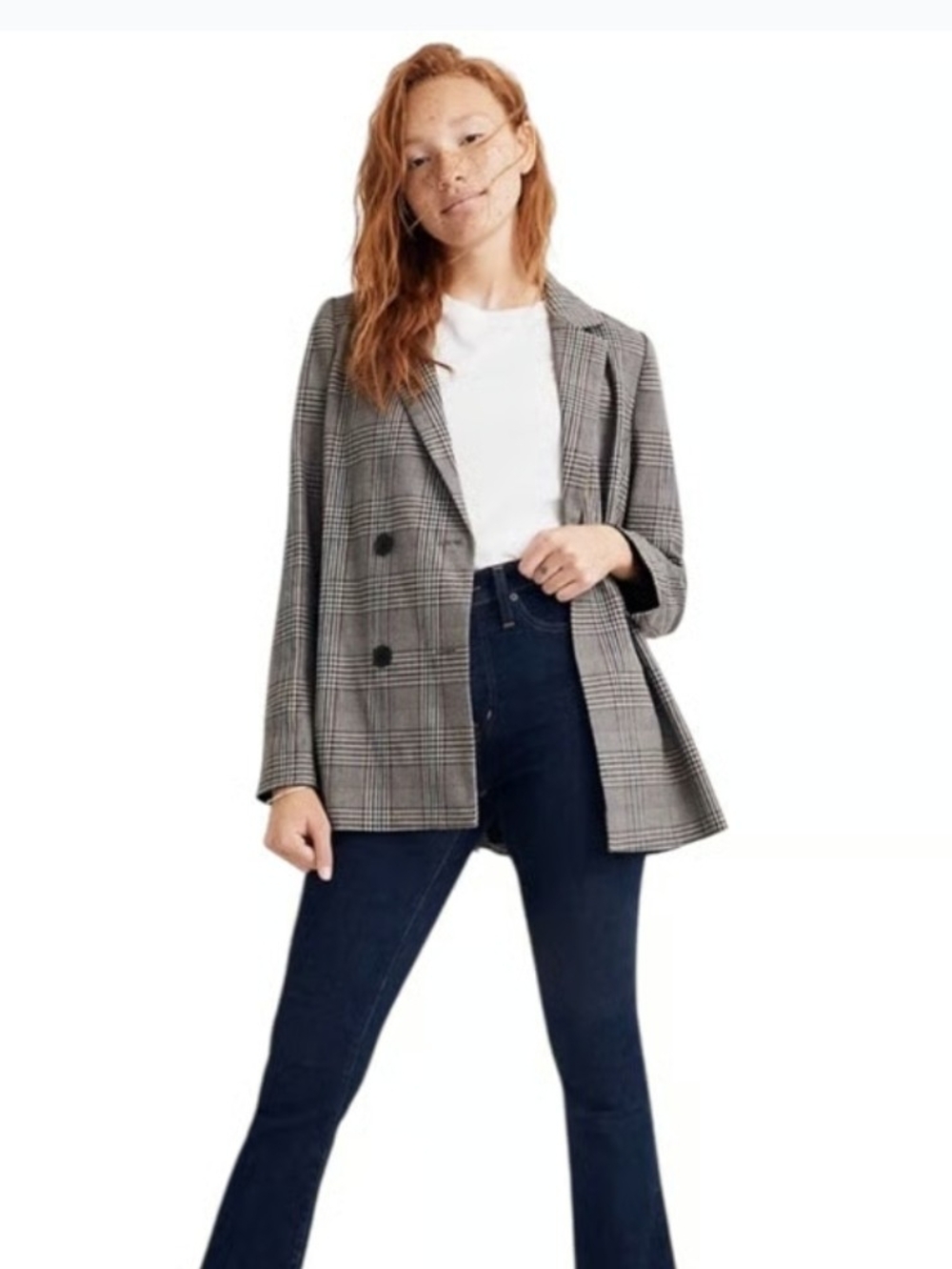 Madewell Gray Glen Plaid Double-Breasted Blazer